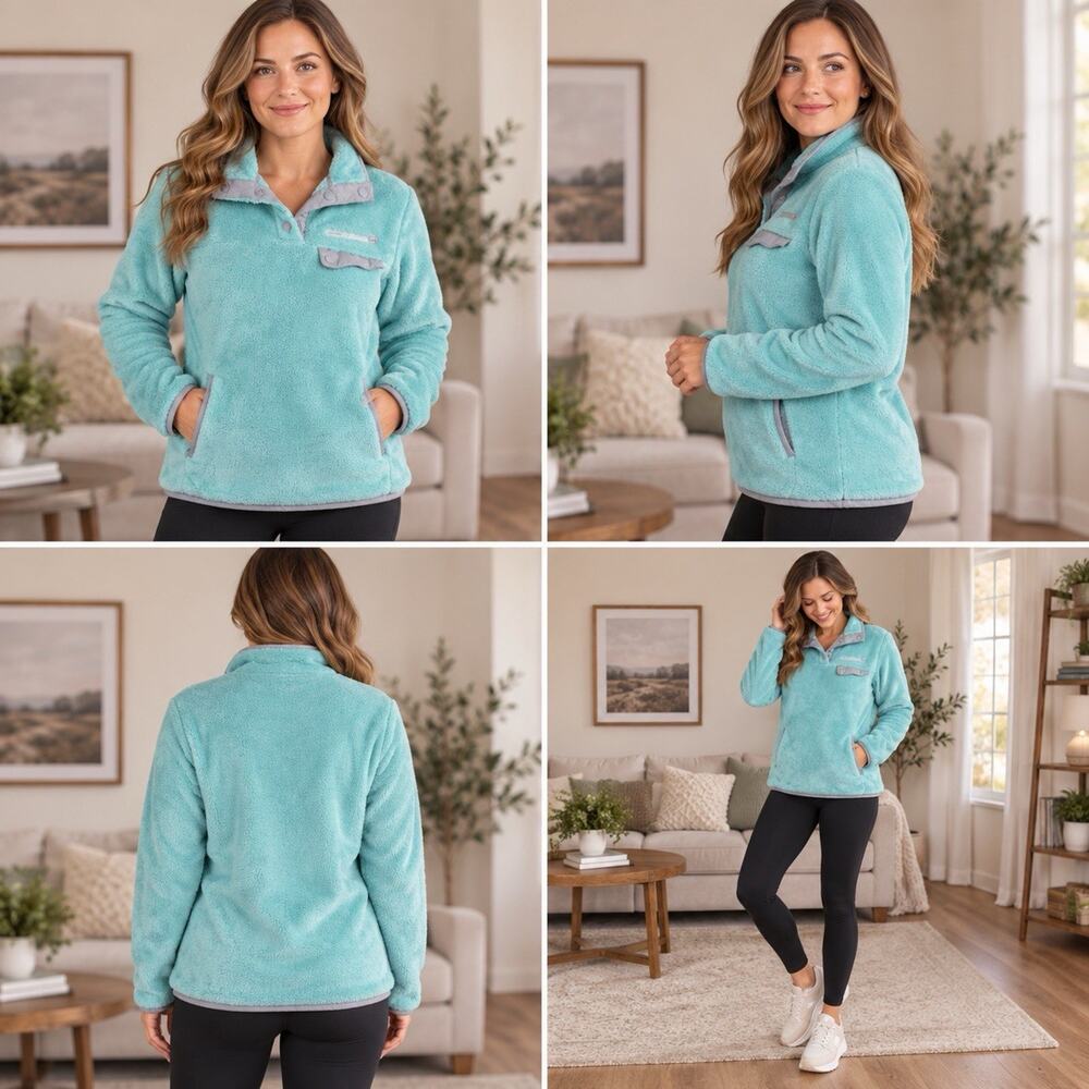 Free Country Women’s Plush Fleece Pullover Small Aqua Snap Neck Cozy Outdoor